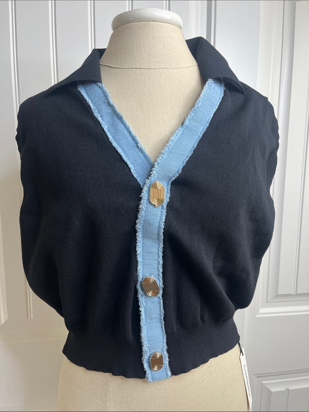 Black and Denim Blue Trim V-Neck Mock Button Sleeveless Sweater